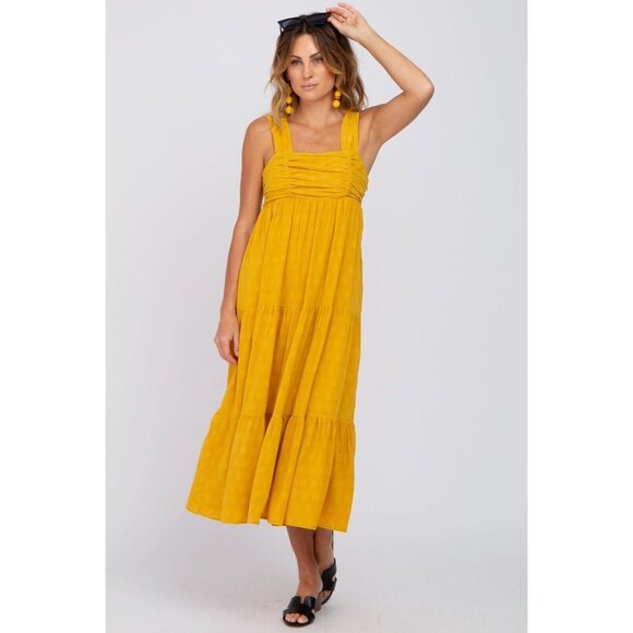 entro Dresses & Skirts - Entro Yellow ruched Tiered Midi Sun Dress flowy and fully lined Size Large